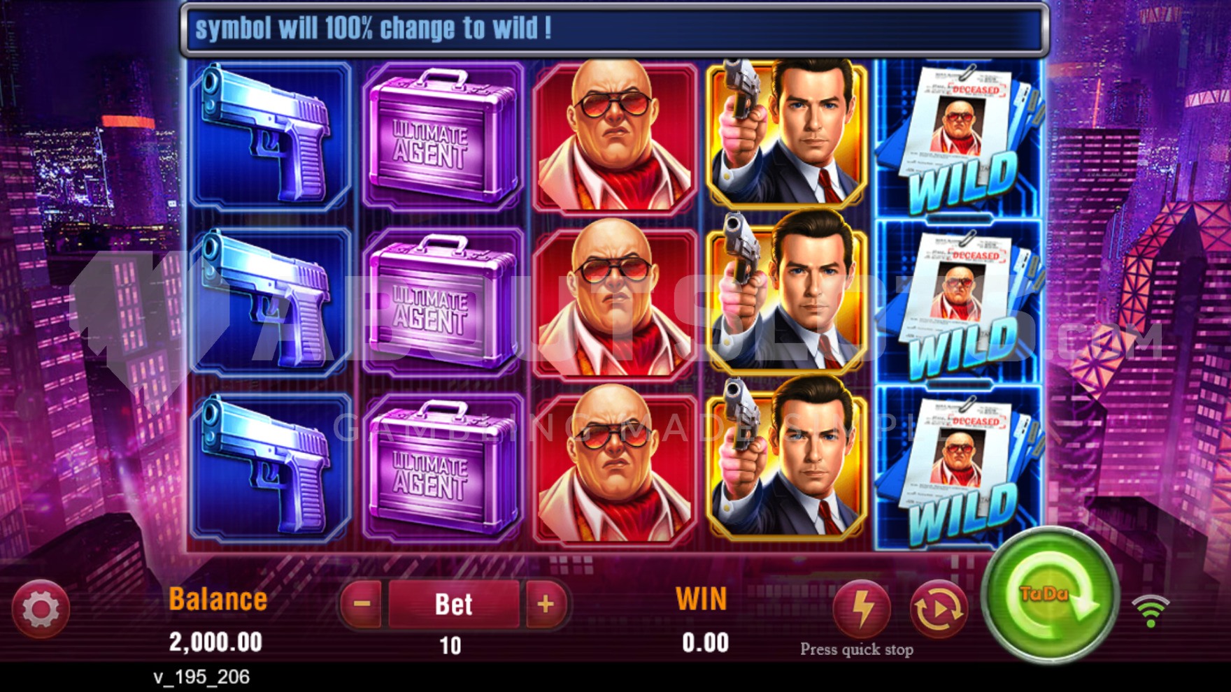 Agent Ace touch controls layout showing spin button and bet adjustment on mobile screen